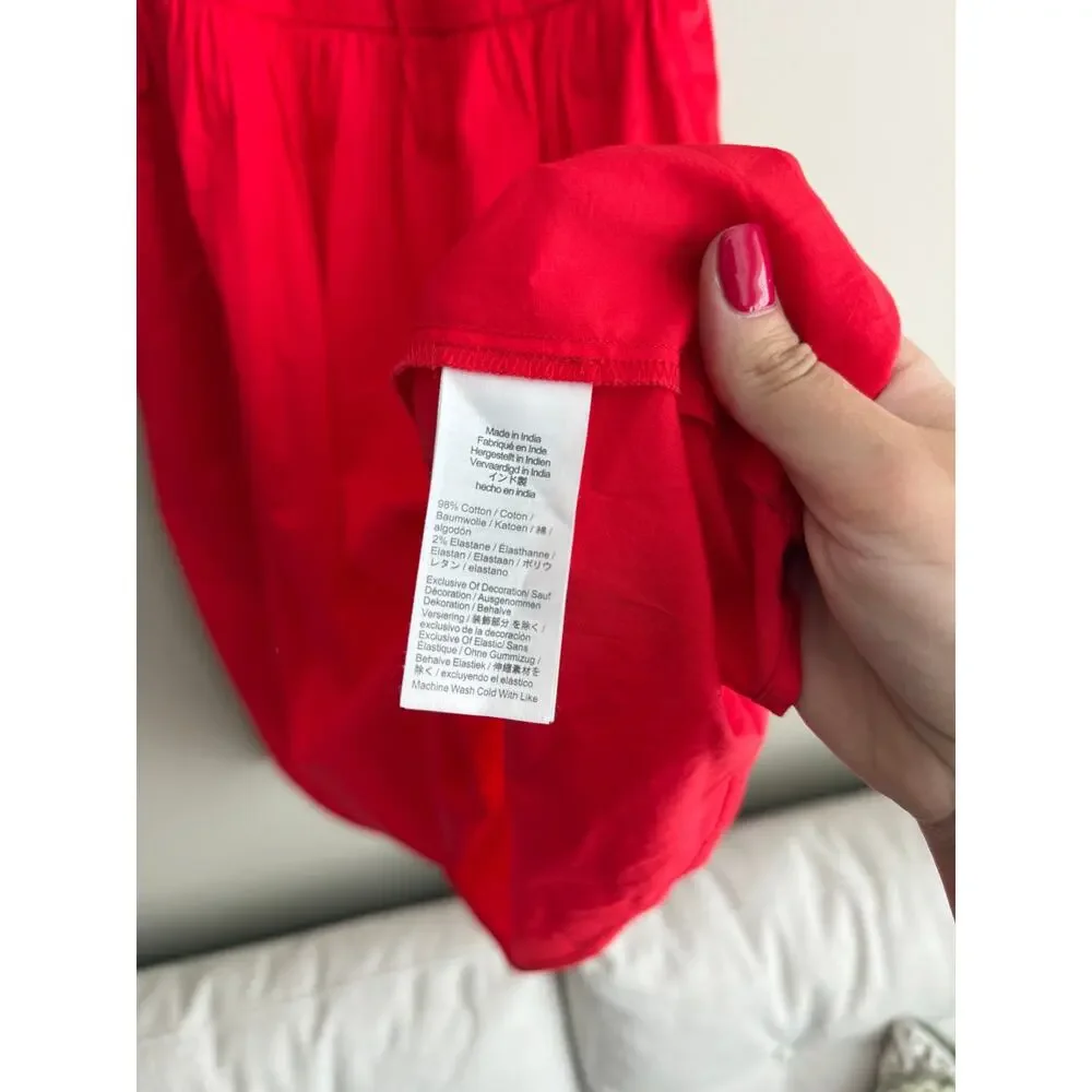NWT J. Crew Sz LP Smocked Waist Midi Dress Bright Red Peasant Puff Sleeve Cotton